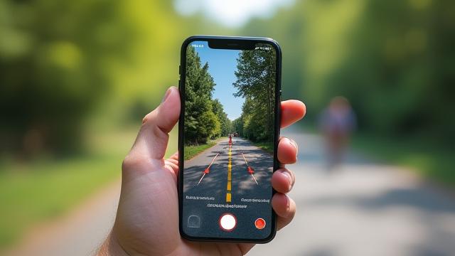 Person nutzt Augmented Reality Navigation auf einem Smartphone, reale Umgebung mit digitalen Überlagerungen