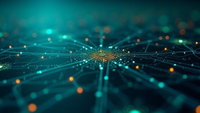 Abstrakte Darstellung eines komplexen Algorithmus in einem Netzwerkfluss auf digitalem Hintergrund