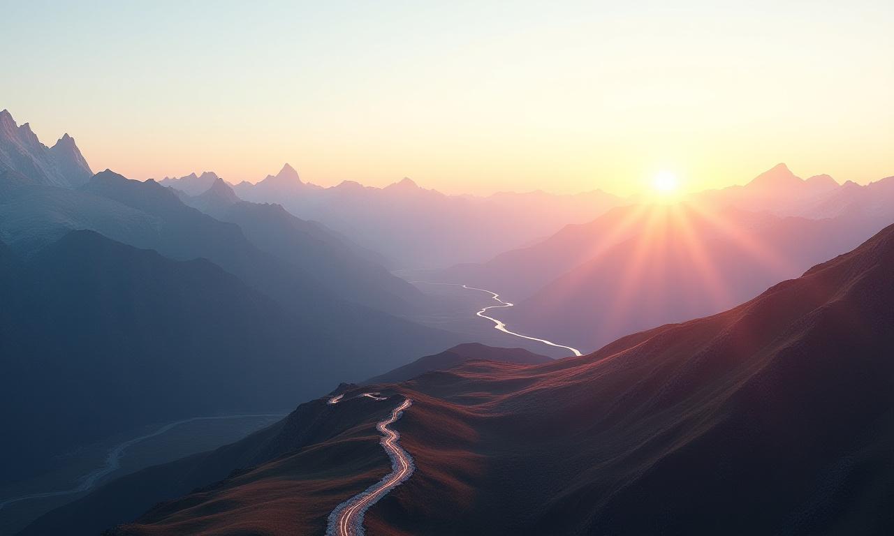 Majestätische bergige Landschaft bei Sonnenaufgang mit sanften digitalen Überlagerungen, die Pfade und Daten visualisieren.